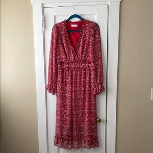 Red Midi Leopard Print Long Sleeve Dress